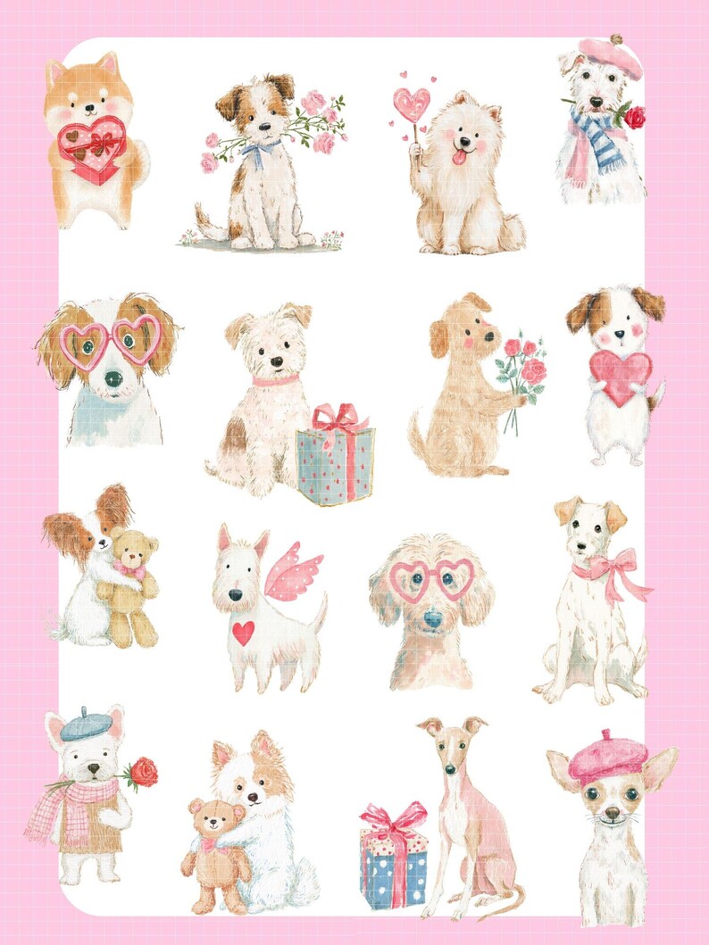 May include: A collection of watercolor illustrations of various dog breeds. Each dog is depicted with Valentine's Day themed accessories, such as hearts, roses, gifts, and teddy bears. The background is a light pink grid pattern.
