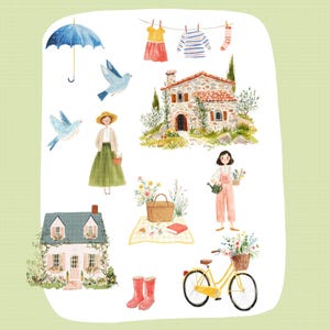 May include: Watercolor illustration featuring a collection of charming elements. Includes a blue umbrella, birds, a house, a woman, a picnic basket, a yellow bicycle with a basket of flowers, and red rain boots. The overall theme is a quaint, idyllic scene.