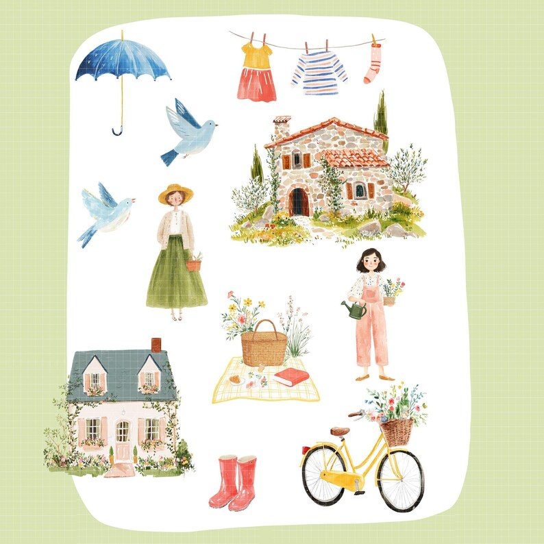 May include: Watercolor illustration featuring a collection of charming elements. Includes a blue umbrella, birds, a house, a woman, a picnic basket, a yellow bicycle with a basket of flowers, and red rain boots. The overall theme is a quaint, idyllic scene.