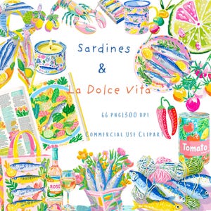 Watercolor Sardines Clipart: Coastal Summer Seafood Doodles (PNG Files, Commercial Use License)