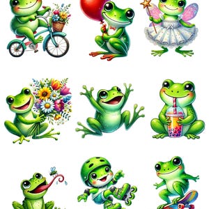 May include: Nine illustrations of green frogs in various activities. One frog rides a bicycle, another holds a red balloon, a third is a fairy with a wand, a fourth holds a bouquet of flowers, a fifth is jumping, a sixth holds a bubble tea, a seventh is wearing a helmet and roller skates, an eighth is sticking out its tongue, and a ninth is skateboarding.