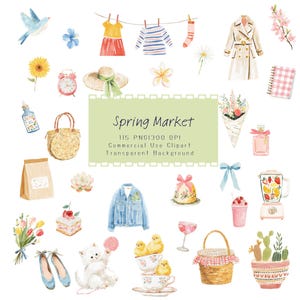 Aquarell Frühling Clipart, Romantisches Garten Picknick PNG, Cottage Frühlingsmarkt Grafiken, Gemütliches Wohndekor