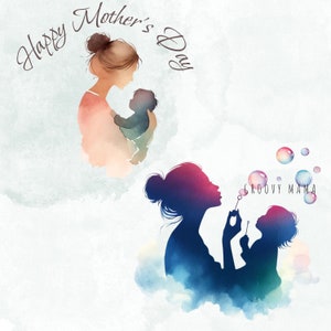 Op de afbeelding: Een aquarel-illustratie van twee moeders met hun kinderen. De bovenste afbeelding toont een moeder die een baby in haar armen houdt. De onderste afbeelding toont een moeder die zeepbellen blaast met haar kind. De tekst "Happy Mother's Day" is bovenaan de afbeelding in cursief geschreven. De tekst "Groovy Mama" is onderaan de afbeelding in cursief geschreven.