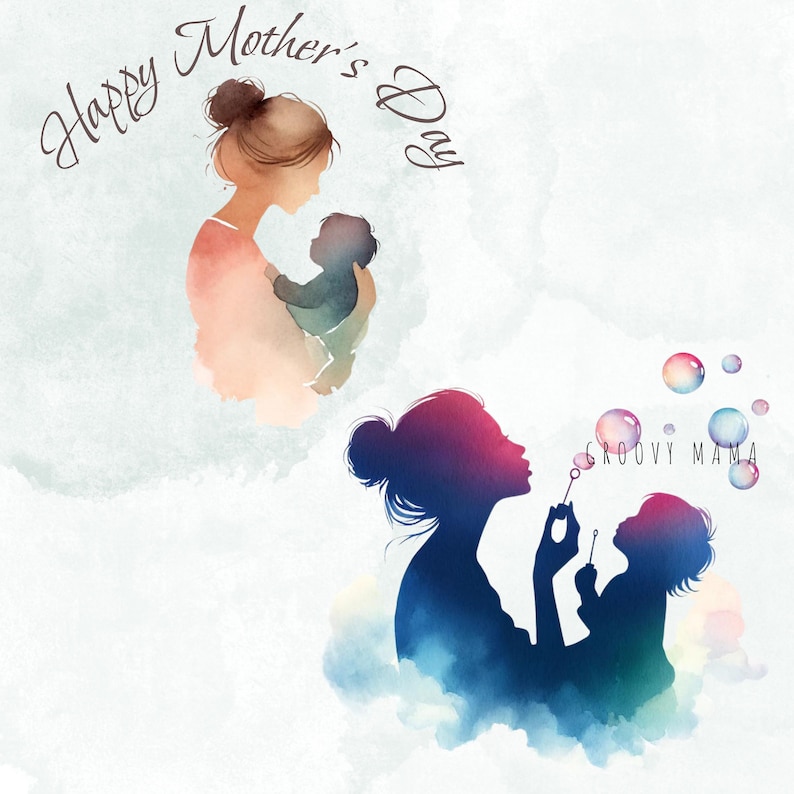 Op de afbeelding: Een aquarel-illustratie van twee moeders met hun kinderen. De bovenste afbeelding toont een moeder die een baby in haar armen houdt. De onderste afbeelding toont een moeder die zeepbellen blaast met haar kind. De tekst "Happy Mother's Day" is bovenaan de afbeelding in cursief geschreven. De tekst "Groovy Mama" is onderaan de afbeelding in cursief geschreven.