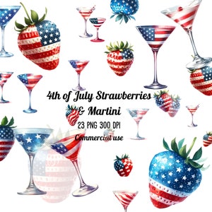 4 juli clipart, rood-witte en blauwe aardbeien png, 4 juli martini clipart, patriottische aardbeien png, patriottische cocktails png