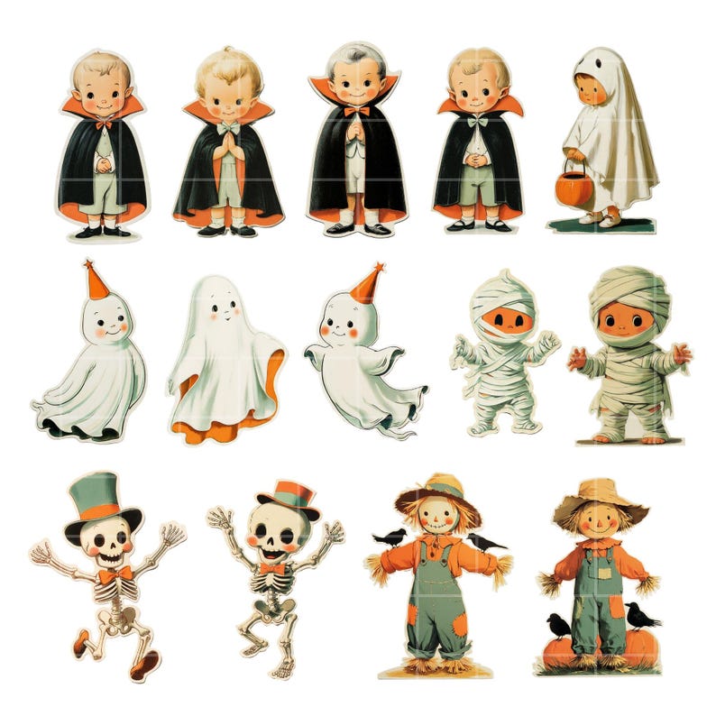 Retro Halloween Clipart Set: Ghost, Pumpkin, Witch PNG (Printable Stickers, Commercial Use) image 5
