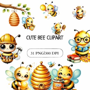 Aquarell süße Biene Clipart, Honigbiene Clipart, Baby Biene PNG, Biene Baby Dusche PNG, Bienenstock, Honigglas