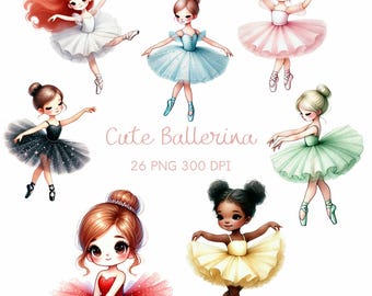 May include: A set of 10 digital illustrations of cute ballerinas in various poses and colorful tutus. The ballerinas have different hair colors and styles, and some are wearing headbands. The illustrations are perfect for creating digital products, such as greeting cards, invitations, and social media graphics.
