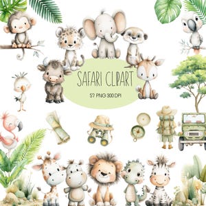 Può includere: Una collezione di clipart safari ad acquerello con vari animali come una scimmia, un elefante, un leone, una zebra e una giraffa. L'immagine include il testo "SAFARI CLIPART" e dettagli sulla risoluzione.