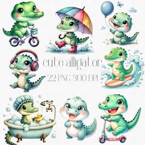 Clipart de jacaré fofo em aquarela, clipart de crocodilo, jacaré PNG, clipart de crocodilo kawaii