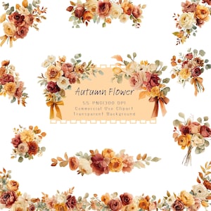 Può includere: Clipart floreale ad acquerello con bouquet e composizioni di rose nei toni dell'arancione, del rosso e del crema. Il testo "Autumn Flower" è visualizzato su uno sfondo arancione chiaro, con altri dettagli.