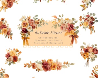 Clipartset aquarel herfstbloemen: bladeren, bloemen, krans