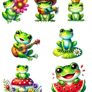 May include: Set of nine cartoon frog illustrations. The frogs are depicted in various poses, including playing guitar, wearing a cowboy hat, holding a flower, and eating watermelon.