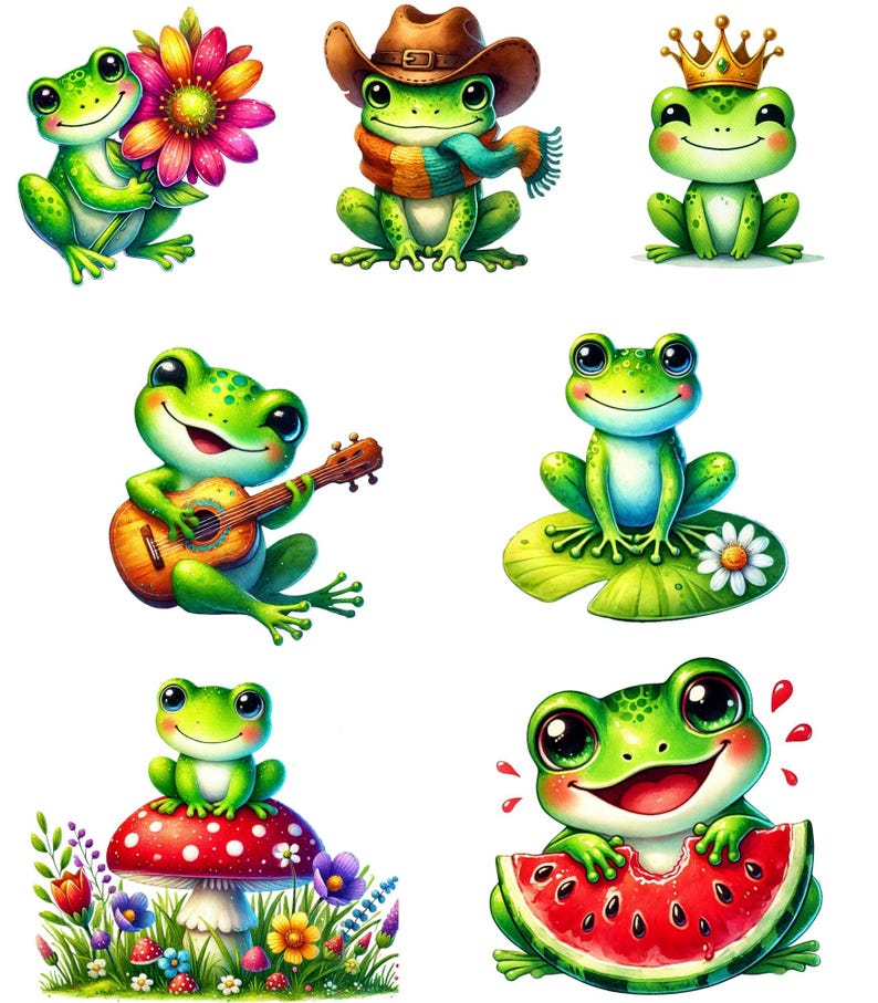 May include: Set of nine cartoon frog illustrations. The frogs are depicted in various poses, including playing guitar, wearing a cowboy hat, holding a flower, and eating watermelon.