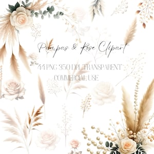 Pampas und Rose Clipart, Pampasgras Bouquet, Hochzeitsstrauß Clipart, Pearl Stick Zweig PNG, Vintage Blush Pink Rose Perle Brautstrauß