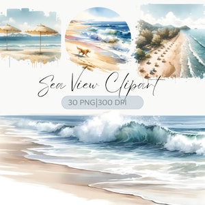 Oceaan clipart, strand clipart, zeezicht clipart, reizen png, zomer clipart, aquarel zee clipart, strandlandschap png, oceaangolven