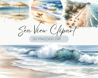 Aquarell Ozean Clipart: Strand Landschaft PNG