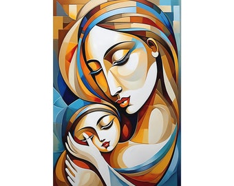 Mother and Child Abstract Art, Mother & Child Poster, Mothers Day Gift, Mom Holding Child, Painting, Gift for Moms, Picasso Style Wall Art