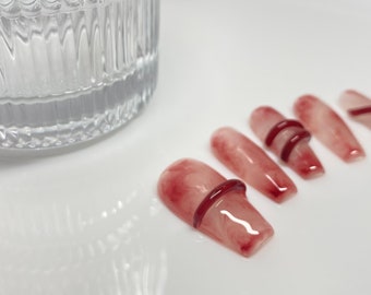 Red color- Long coffin shape-handpainted press on nails