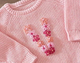 Hand Embroidered Personalised Initial Floral Knit Sweater - 2 sizes available