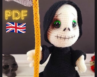 GRIM REAPER amigurumi toy pattern PDF - Halloween crochet pattern. Death crochet pattern. Amigurumi Grim Reaper with scythe crochet pattern