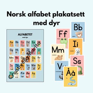Norsk alfabet plakatsett med dyr - Fargerike bokstavplakater for barn (A4 + A3)