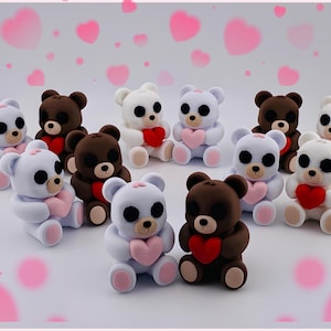 May include: A group of 10 small teddy bears, some brown and some white, holding pink and red hearts. The bears are arranged in a circle on a white background with pink hearts scattered around them.