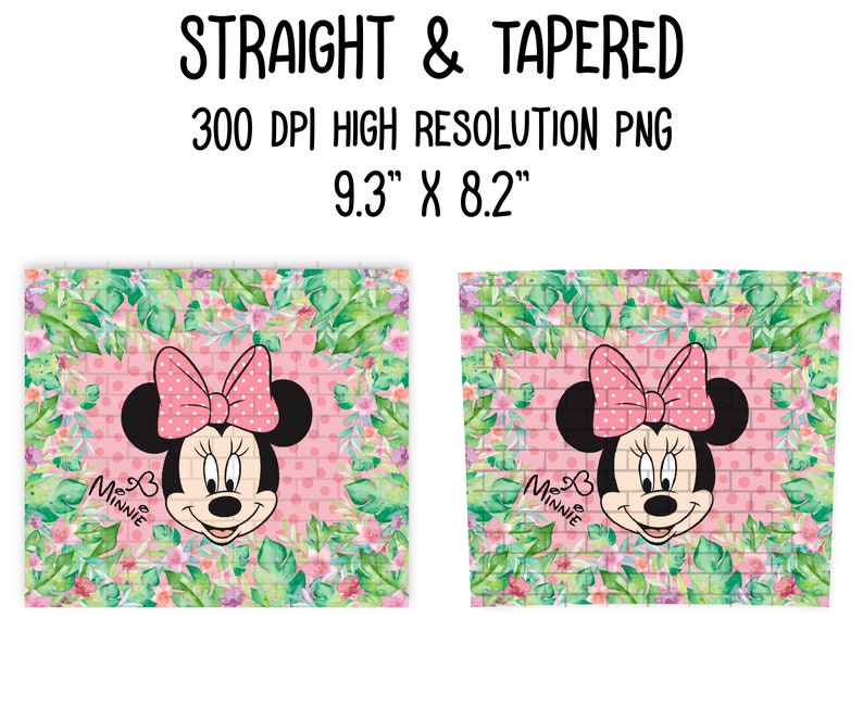 Puede incluir: Un tel&oacute;n de fondo digital imprimible con un dise&ntilde;o floral rosa y verde con una imagen de dibujos animados de Minnie Mouse en el centro. El texto "MINNIE" est&aacute; escrito en cursiva negra en el lado izquierdo de la imagen. La imagen mide 23,6 cm por 20,8 cm.