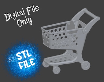 Puede incluir: Un carrito de compras gris en miniatura con asa, cesta y cuatro ruedas. El texto "Digital File Only" y "STL FILE" se muestra en la imagen.