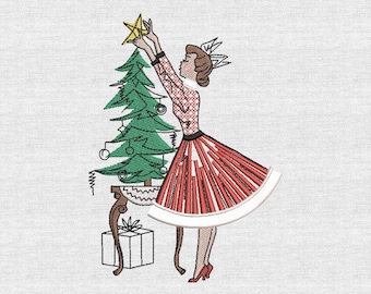 Retro Christmas Lady Embroidery Design: Vintage Star Dress (Digital Download)