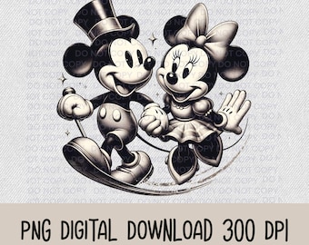 Schwarzweißer Vintage-Stil Mickey und Minnie PNG, Sublimation, digitaler Download