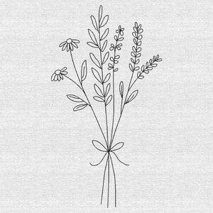 Könnte beinhalten: Eine einfache Linienzeichnung eines Blumenstraußes mit einem Band, das unten gebunden ist. Der Strauß enthält Lavendel, Gänseblümchen und andere Wildblumen.