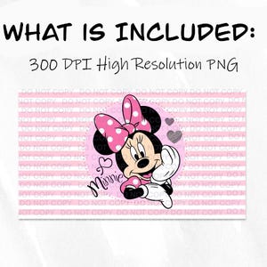 May include: A digital illustration of Minnie Mouse with pink polka dots on her bow and dress. The background is a pink and white striped pattern. The text "Minnie" is written in a pink cursive font.