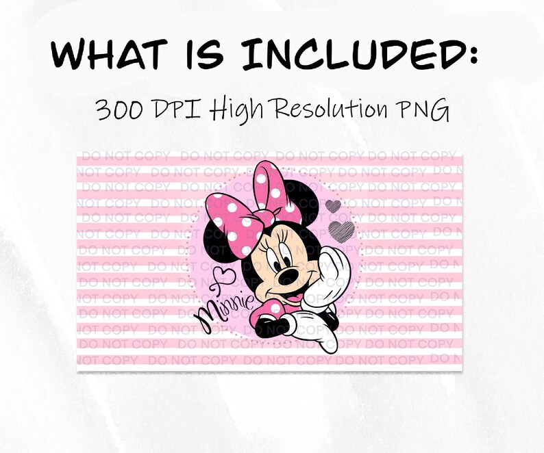 May include: A digital illustration of Minnie Mouse with pink polka dots on her bow and dress. The background is a pink and white striped pattern. The text "Minnie" is written in a pink cursive font.