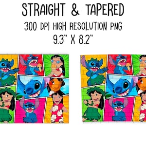 May include: A colorful digital collage featuring Stitch from Lilo & Stitch. The collage is made up of nine squares, each with a different image of Stitch in a variety of poses. The background is a bright yellow, green, blue, and pink.