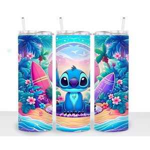 May include: A stainless steel tumbler with a colorful design featuring Stitch from Lilo & Stitch sitting on a surfboard in a tropical setting. The design includes palm trees, flowers, and ocean waves.