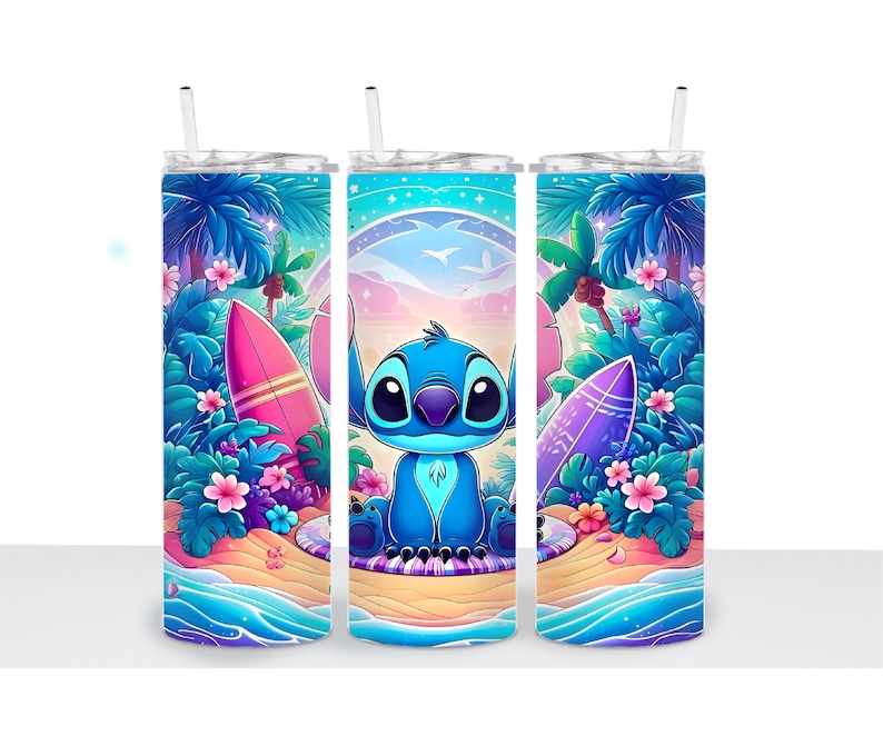 May include: A stainless steel tumbler with a colorful design featuring Stitch from Lilo & Stitch sitting on a surfboard in a tropical setting. The design includes palm trees, flowers, and ocean waves.