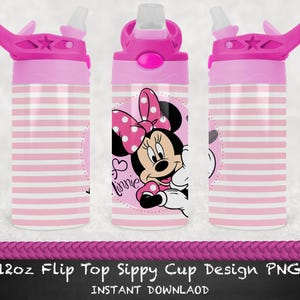 Minnie Mouse Pink Stripes 12 oz Flip Top | Sublimation PNG | Sublimation Tumbler | Digital Download Minnie Mouse leaning in a circle with her signature with pink and white stripe background