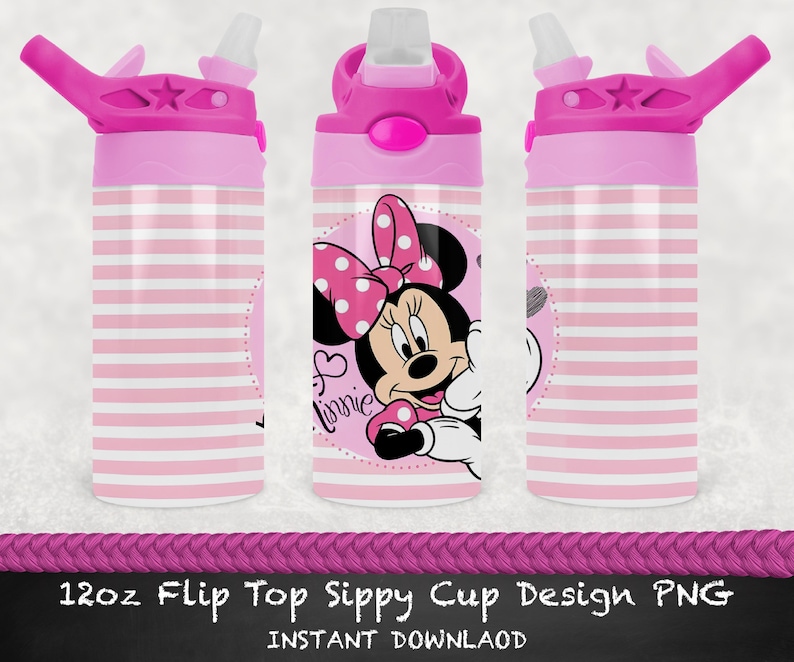 Minnie Mouse Pink Stripes 12 oz Flip Top | Sublimation PNG | Sublimation Tumbler | Digital Download Minnie Mouse leaning in a circle with her signature with pink and white stripe background