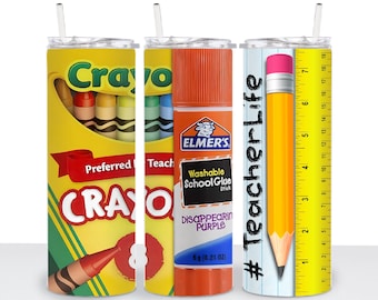 Teacher Life 20oz Tumbler Wrap: Crayon, Glue, Pencil Design (Digital Download)