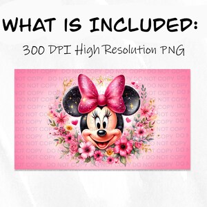 Puede incluir: Una ilustraci&oacute;n digital de un rat&oacute;n de dibujos animados con un lazo rosa y una corona de flores alrededor de su cabeza. El fondo es rosa.