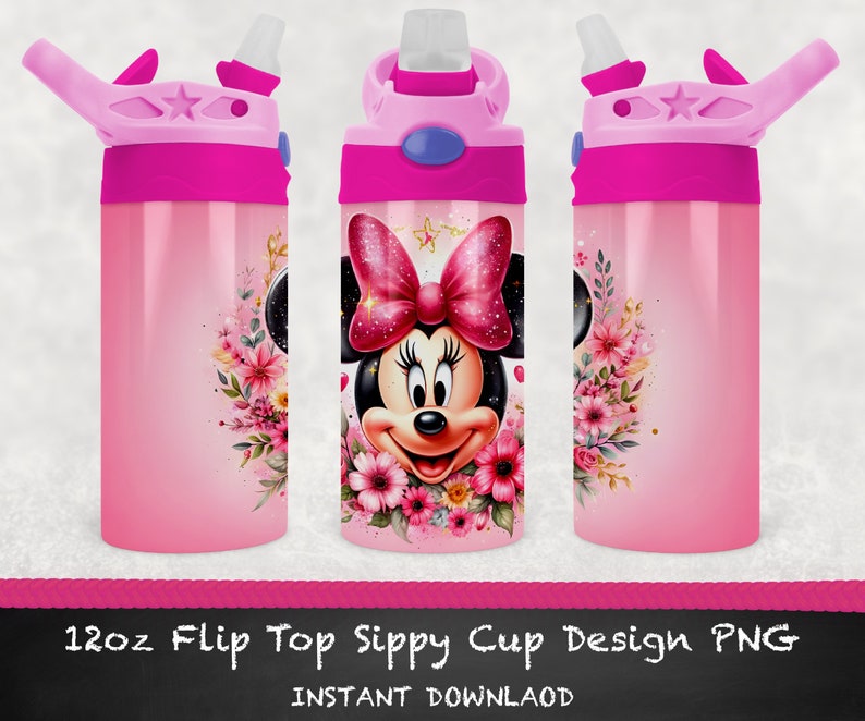 Puede incluir: Taza de vaso con tapa abatible rosa de 350 ml con un dise&ntilde;o de Minnie Mouse. La taza presenta un dise&ntilde;o floral rosa y blanco con una cara de Minnie Mouse en el centro. La taza tiene una tapa rosa con una pajita azul.