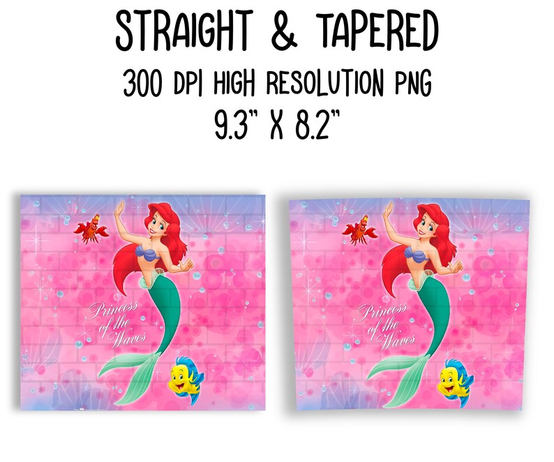 May include: Two digital printable images of Ariel, the Little Mermaid, in a pink and purple background with the text "Princess of the Waves".