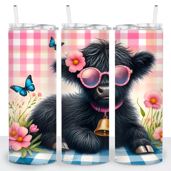 Baby Highland Cow Pink Gingham 20oz Skinny Tumbler Wrap | Sublimation PNG | Sublimation Tumbler | Digital Download