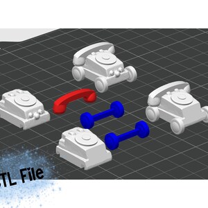 May include: Four white 3D printed rotary phones with wheels and a red and blue phone handset. The phones are on a grey grid background. STL File is written in white on a blue background with white stars.
