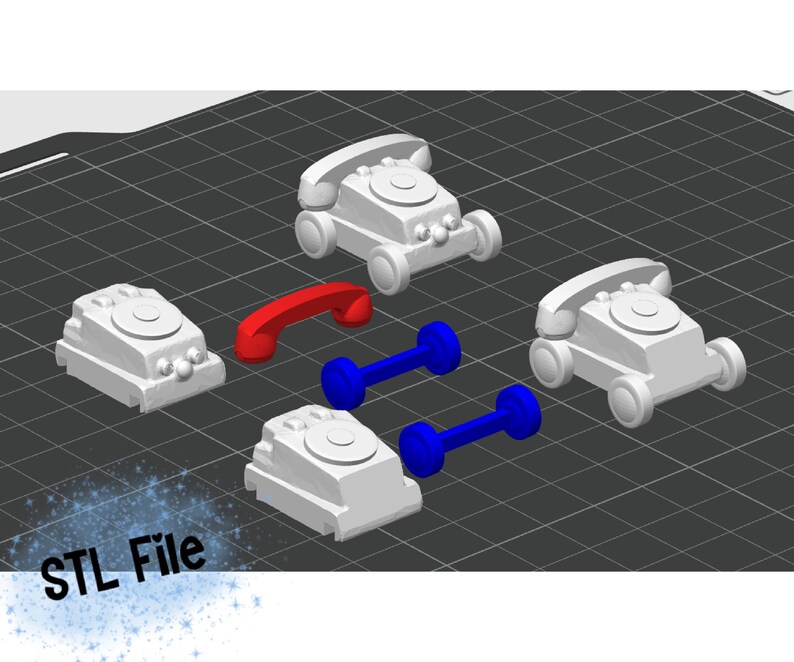 May include: Four white 3D printed rotary phones with wheels and a red and blue phone handset. The phones are on a grey grid background. STL File is written in white on a blue background with white stars.