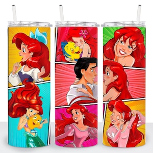 May include: A set of three clear tumblers with a colorful comic book style design featuring Ariel from The Little Mermaid. The design includes Ariel with her red hair, Prince Eric, and Flounder.