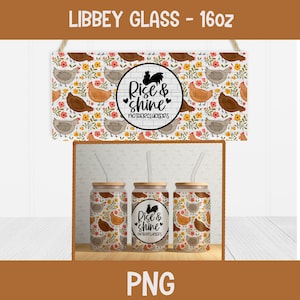 May include: Three 16oz clear glass tumblers with a straw and a chicken pattern. The tumblers have a black and white graphic that says "Rise & Shine Mothercluckers".