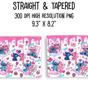 May include: Pink and blue digital paper with a repeating pattern of Stitch and Angel characters from the Disney movie Lilo & Stitch. The characters are holding hands and hearts, and the pattern includes the words "forever", "love", and "xoxo".