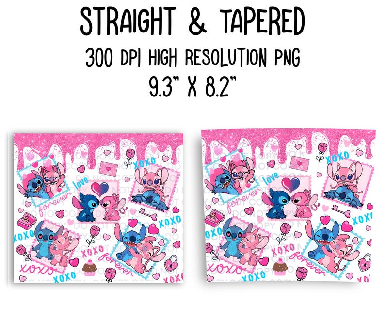 May include: Pink and blue digital paper with a repeating pattern of Stitch and Angel characters from the Disney movie Lilo & Stitch. The characters are holding hands and hearts, and the pattern includes the words "forever", "love", and "xoxo".